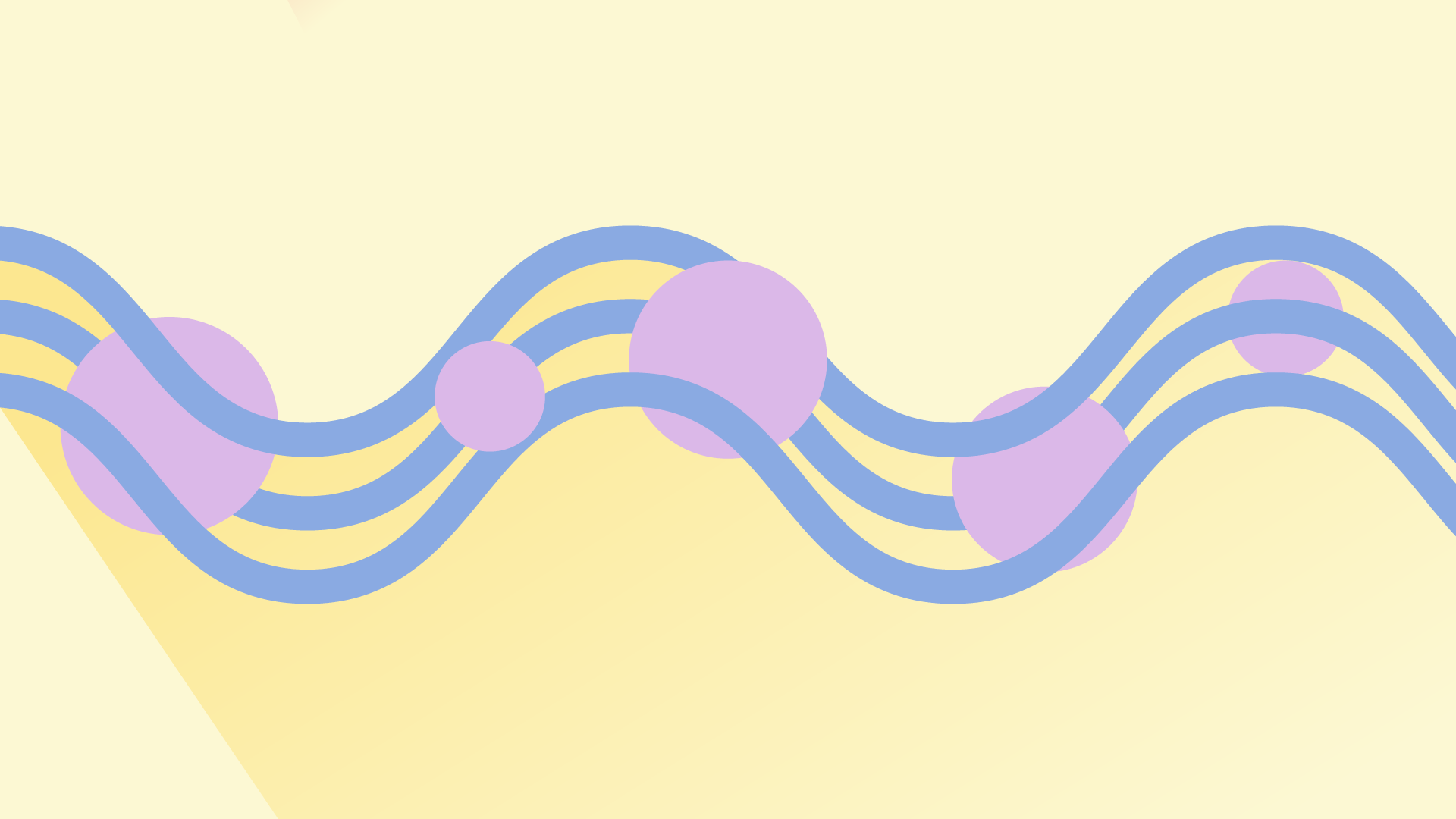 A colorful abstract design featuring blue wavy lines and overlapping purple circles on a light yellow background.